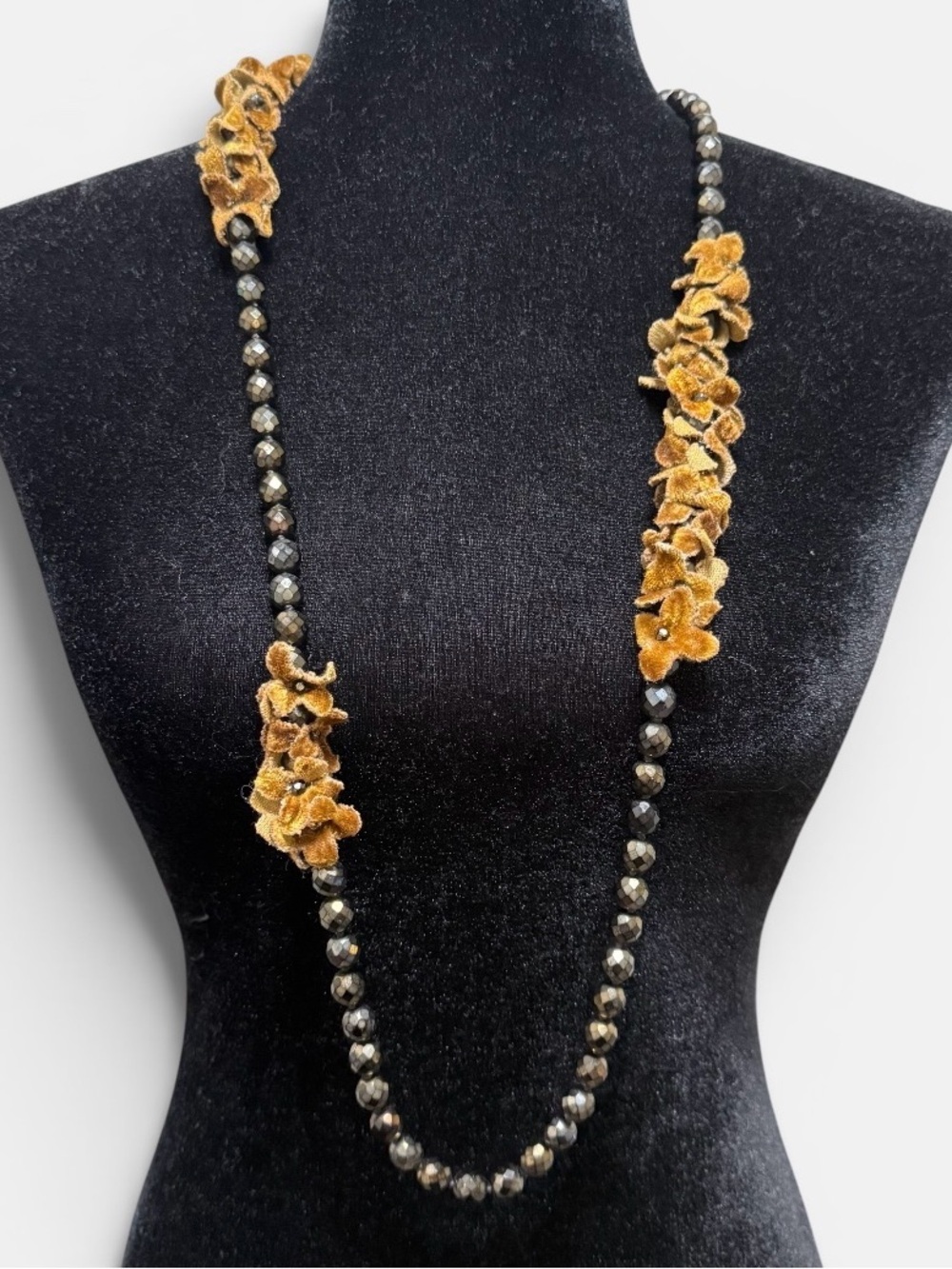 Long Hematite Tone Beaded Necklace Velvet Flower Ribbon Tie Boho Artisan 40”